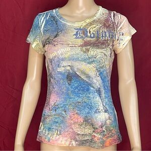 Y2K Big Bang Burnout Dolphin Graphic Old English Type Fitted Tee Size Large